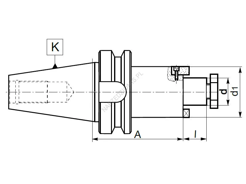 Rysunek techniczny: Trzpień frezarski z chw. MAS 403-BT do frezów: T.7388 BT30/FI22 43mm - KOLNO